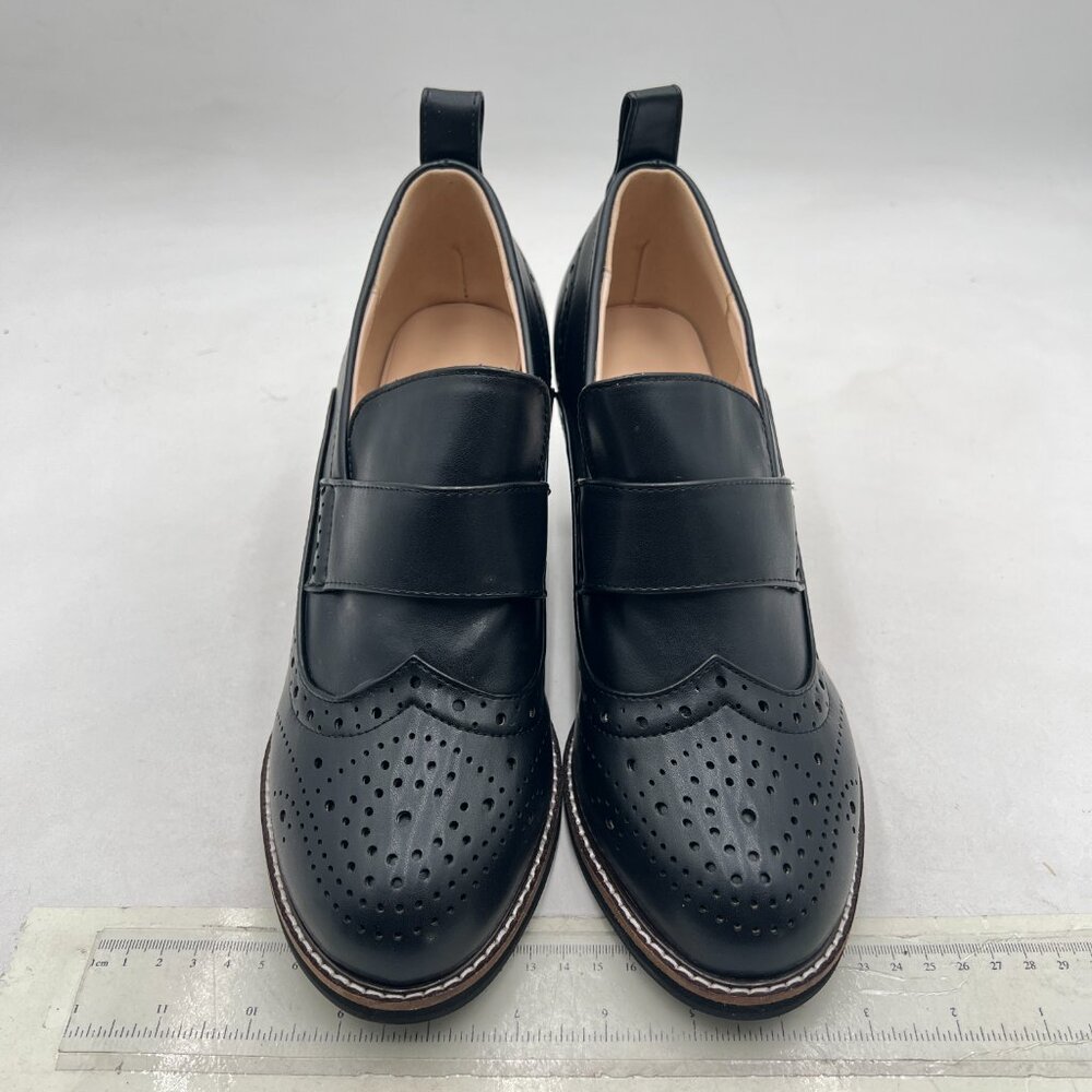 YDN Black Chunky High Heels Round Toe Oxford Loafer - Picture 3 of 8